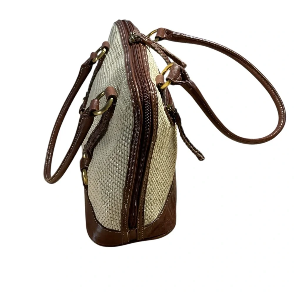 Giani Bernini Off-White Straw Top Handle Brown Leather Accent Satchel Purse Bag